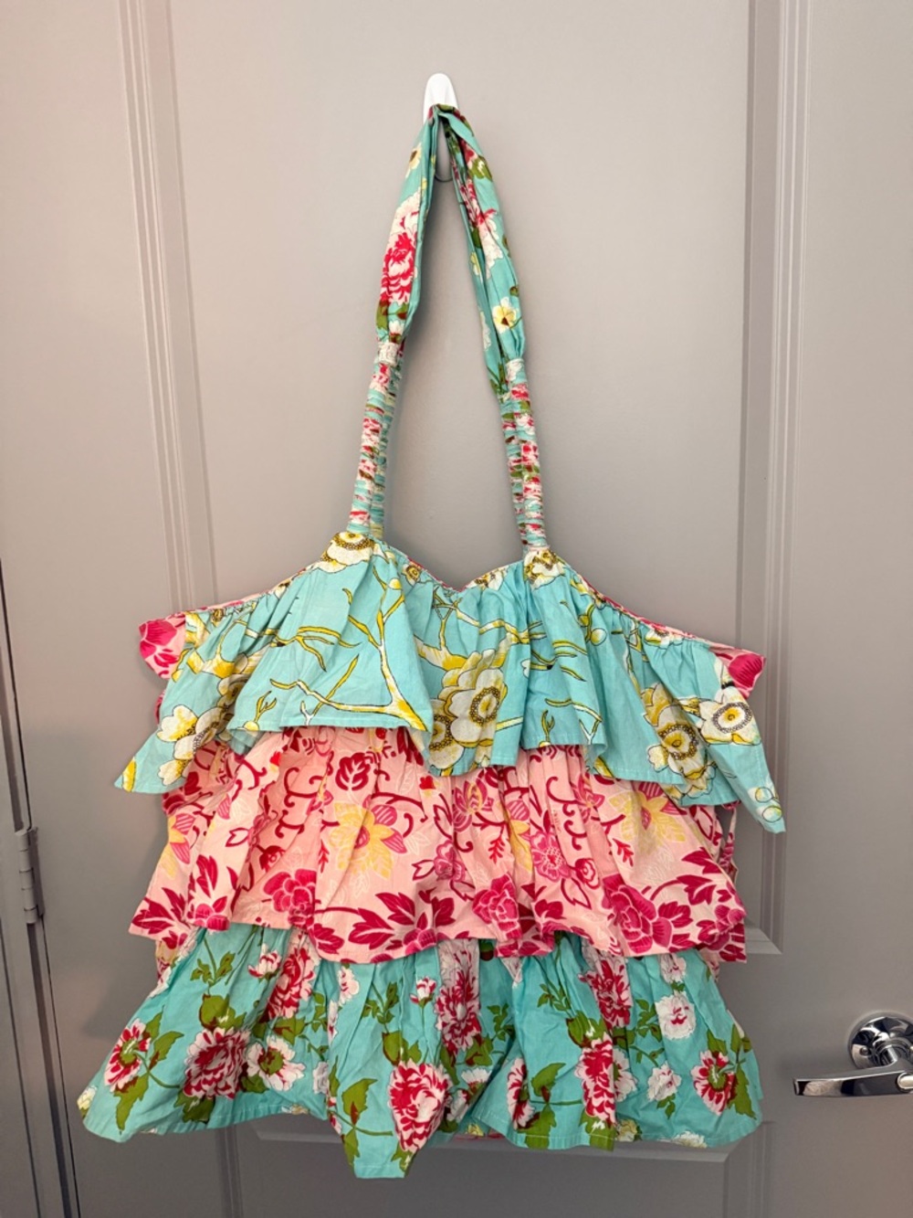 Floral Tiered Ruffle Shoulder Bag - Aqua & Pink